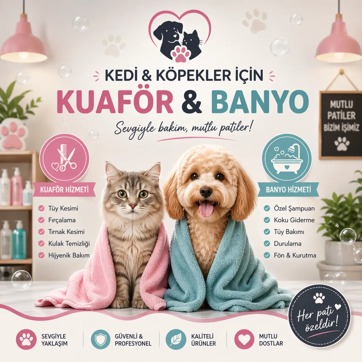 Kedi ve köpek kuaförlük ve banyo hizmeti